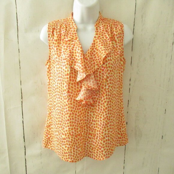 Ann Taylor Tops - Ann Taylor Top XS Petite Orange Yellow Print Ruffle Sleeveless V Neck